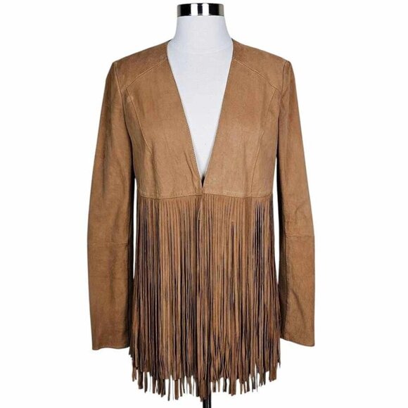 Lamarque Camel Suede Leather Fringe Jacket Western Boho Festival Size 4 - Picture 2 of 9
